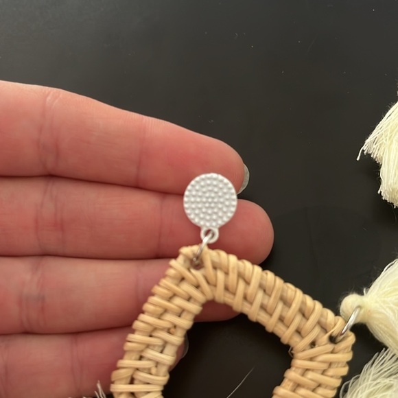 Square Tassel Dangle Earrings w/ White Stud - Picture 2 of 3